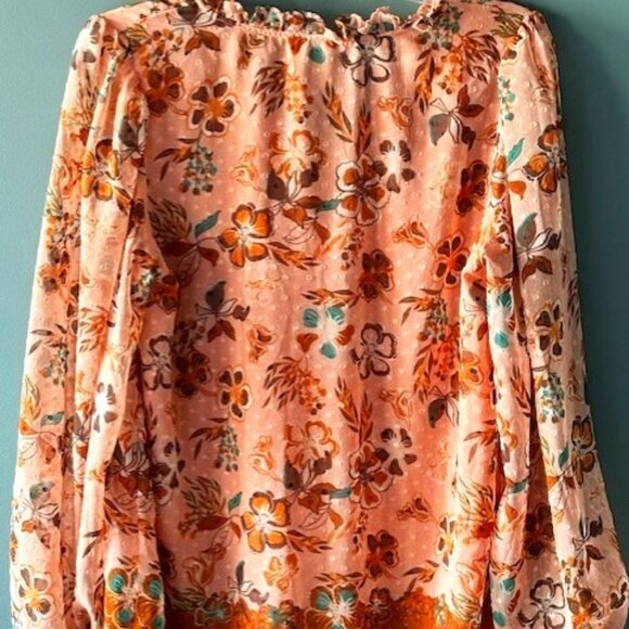 Joie Peach Brown Floral L Blouse V Neck Tie Boho Romantic Puff Swiss Dot Chic - Picture 2 of 8